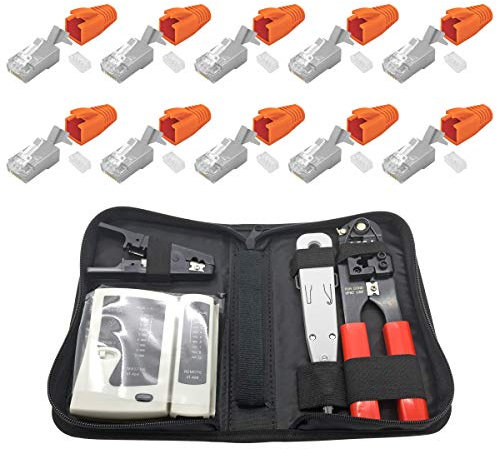 ARLI RJ45 Netzwerk Werkzeug Set 10x Netzwerkstecker Netzwerk Stecker Modular Zugentlastung Einführhilfe für Verlegekabel Cat7 Cat6a Cat8.1 Crimpzange Abisolierer LSA Anlegewerkzeug Netzwerktester