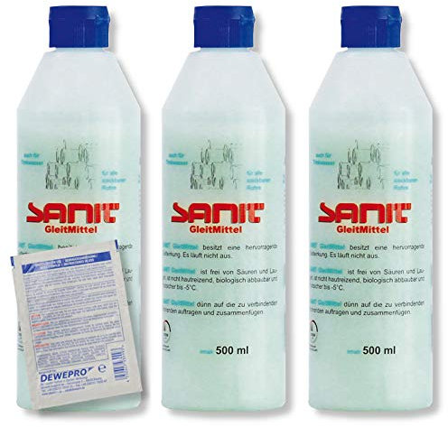 DEWEPRO-Set: SANIT - GleitMittel 3087-3 Flaschen à 500ml - das perfekte Gleitmittel zur Montage aller Steckmuffen-Verbindungen, inkl. 1 St. DEWEPRO® Single Scrubs