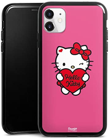 Silikon Hülle kompatibel mit Apple iPhone 11 Case schwarz Handyhülle Hello Kitty Fanartikel Herz