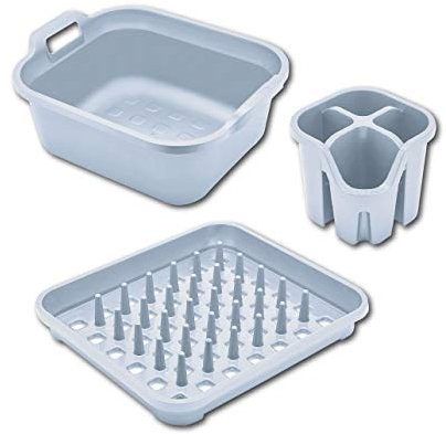 Addis Eco Made from 100% Plastic Family Kitchen Sink Set, Contains Washing up Bowl, Cutlery Utensil Caddy, Plate Draining Rack with Pegs, Light Grey Recycled, 9.5 litres
