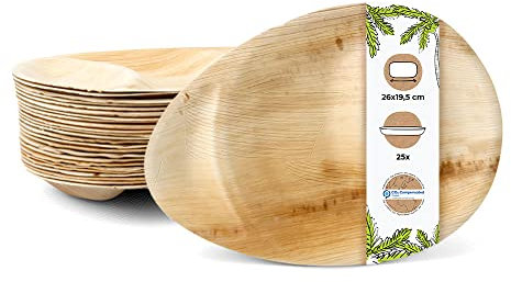 BIOZOYG assiette de palme avec division 26x19,5cm vaisselle jetable en forme de goutte I assiette menu jetable 3 divisé I assiette de fête jetable feuille de palmier 25 pièces