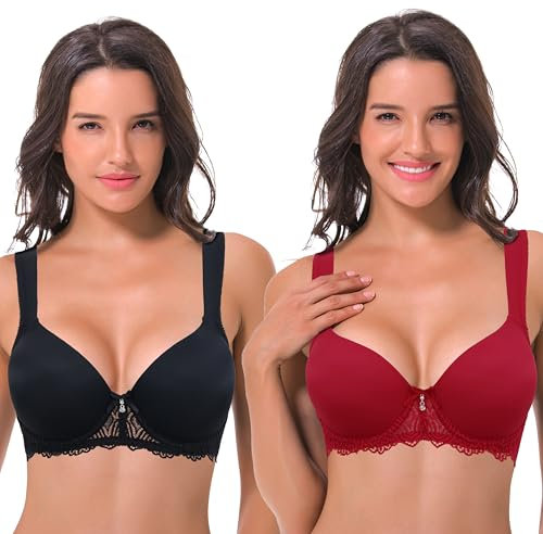 Curve Muse Damen Leicht Gepolstert Bügel Spitze BH mit gepolsterten Schultergurten-Schwarz, Wein-85D-V2