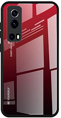 DEDUX Hülle für vivo Y72 5G / vivo Y52 5G Handyhülle, Hülle Farbverlauf Glas und TPU Schutzhülle Case Cover für vivo Y72 5G / vivo Y52 5G (Rot/Schwarz)