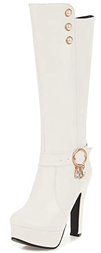 MJIASIAWA Donna Tacco A Blocco Plateau Knee Stivali Equitazione Zip Festa Vestito Eleganti Sposa Punta Rotonda Stivali Equitazione Bianco Numero 39 EU/40 Asiatico