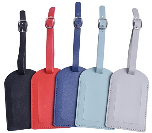 5Pcs Étiquettes de Bagage, PU Cuir Etiquette Valise, Porte-étiquetes pour Sac de Voyage, Étiquettes d'identification de Valise avec Carte Nom Adresse Numéro pour Sacs et Valises, Multicolore