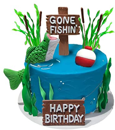 DiDida Fishing Cake Topper - Gone Fishing Cake with Bass, 7 Pieces, Colourful for Birthday
