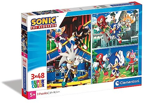 Clementoni 25280 Sonic Supercolor Puzzle Sonic-3X48 Teile Ab 4 Jahren, buntes Kinderpuzzle mit besonderer Leuchtkraft & Farbintensität, Geschicklichkeitsspiel für Kinder, Mehrfarbig, One Size
