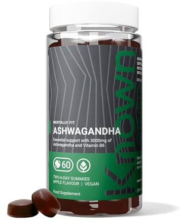 Known Ashwagandha Gummies 3000MG High Strength by Known Nutrition with Vitamin B6 | 60 Two-a-Day Gummies | Natural Botanical Extract | Natural Apple Flavour (1)