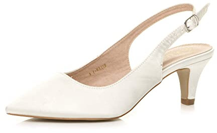 AJVANI Womens Ladies Low Heel 50s Slingback Buckle Pointed Open Back Shoes Size 4 37 Ivory Satin
