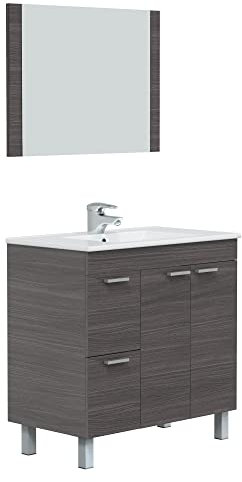 HOMN LIVING Mueble de Baño Adam con 2 cajones 2 Puertas, Espejo y Lavabo PMMA, Acabado en Gris Ceniza, 80 cm (Ancho) x 45 cm (Fondo) x 80 cm (Alto)
