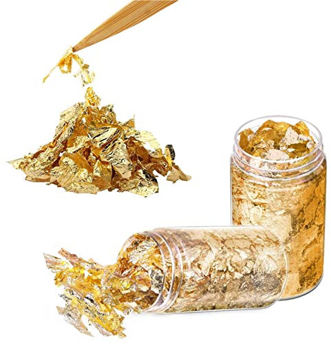 WOOXDYUK 2 Bottles Gold Foil Gold Flakes Gold Leaf Gold Leaf for Crafts Dessert Sprinkles Cake Decoration Cake Pop Decoration Multifunctional DIY Artist Supplies Gold 5.4 g/Bottle 5.5 x 2.2 cm
