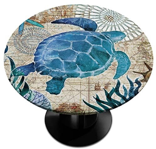 WowPrint Coastal Sea Turtles Runde Spannbetttuch Elastische Kanten Meeresschildkr?te Runde Tischabdeckung Tuch Wasserdicht Abwischbar Passend f¨¹r Tische bis 114 cm - 142 cm Durchmesser
