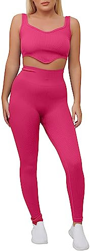 Love My Fashions® Donne Yoga Set Senza Cuciture Costine 2 Pezzi Sport Crop Vest Top Vita Alta Leggings Palestra Allenamento Abiti Esercizio Tuta Ciclismo Abbigliamento Sportivo, Fucsia, S-M