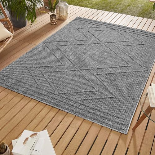 SIMPEX In & Outdoor Bouclé Teppich wetterfest Grau 140x200 cm Skandinavische Boho Design 3D Hoch Tief Effekt geeignet für Küche Wohnzimmer oder Terrasse