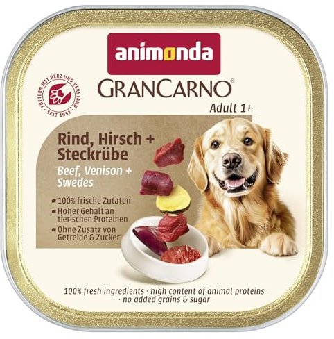 animonda GranCarno Hunde Nassfutter Adult Rind, Hirsch + Steckrübe (22 x 150g), getreidefreies Hundenassfutter ohne Zucker, für ausgewachsene Hunde, mit frischen fleischigen Zutaten
