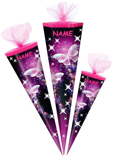 alles-meine.de GmbH Schultüte - mit 3D Glitzer - Effekt ! Schmetterling & Sterne 50-85 cm Größe wählbar inkl. Name - Zuckertüte - Tüllabschluß - eckig/rund - Mädchen ..