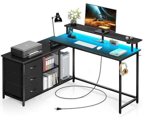 Seventable L Shaped Computer Desk with Drawers, Reversible Gaming Desk with LED Lights & Charging Port, Corner Desk with Storage Shelves & Monitor Stand for Home Office Black