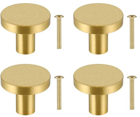 JIZZU Boutons de Tiroir, 4 Pièces Bouton de Tiroir en Laiton Massif, 33mm Boutons de Meuble Ronds, Bouton de Porte Or pour Placard, avec 4 vis Pour Commode Armoire