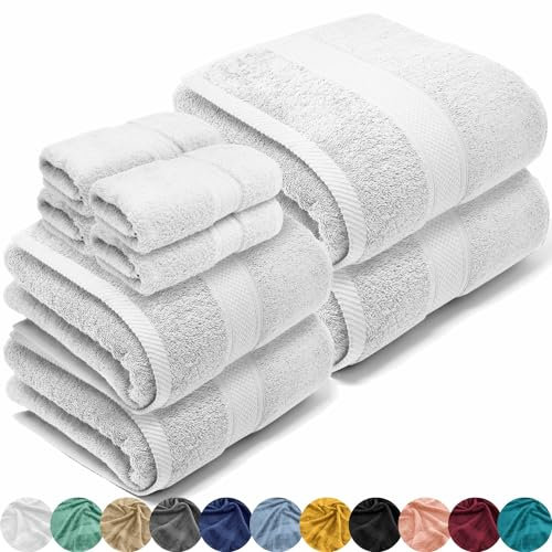 LEBENGOOD Toallas Baño Grandes, Toallas baño, Algodón Premium, 550gsm, 4 Toallas Tocador (30x30), 2 Toallas Lavabo (50x90), 2 Toallas Ducha (70x130). Juego de Toallas Completo.(Pack 8 Blanco)