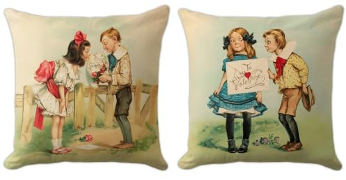 Nostalgische Valentinstag-Kissenbezüge, Herzmotiv, Vintage-/Retro-Kinder-Design, antikes viktorianisches Design, für romantische Heimdekoration, Couch und Sofa, 45,7 x 45,7 cm, 2 Stück