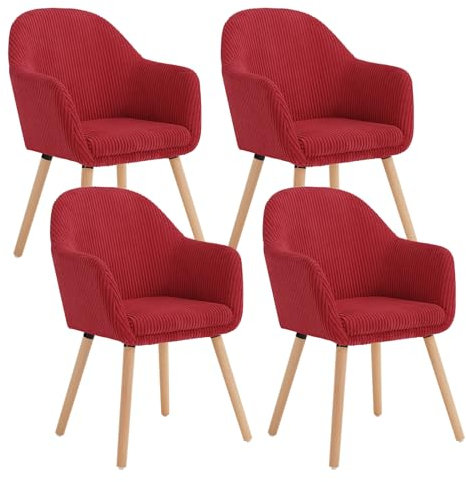 WOLTU Esszimmerstühle 4er Set, Stuhl Esszimmer Esstisch, Küchenstuhl Armlehnstuhl Polsterstuhl, Sessel Wohnzimmer Modern, mit Armlehnen, aus Cord, Massivholzbeine, Rot, EZS26rt-4