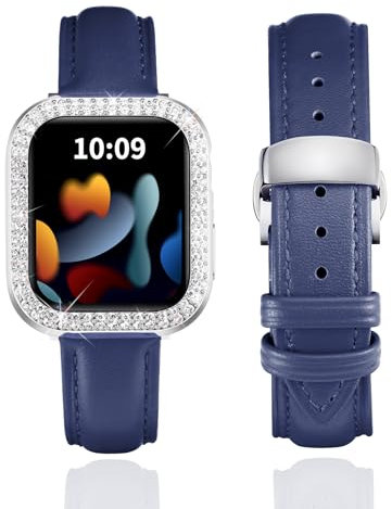 BINLUN Leather Strap Compatible with Apple Watch 45mm 44mm 41mm 40mm Women Leather Band with Glitter Diamond Rhinestone Case Compatible with iWatch Series 9/8/7/SE2/SE/6/5/4(40mm,Blue)