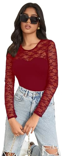 ohmydear Women's Bodysuits Long Sleeve Lace Mesh Bodysuit Stretchy Sheer Leotards for Women Body Top Plus Size Red Body Suits Sexy Clubbing Outfits