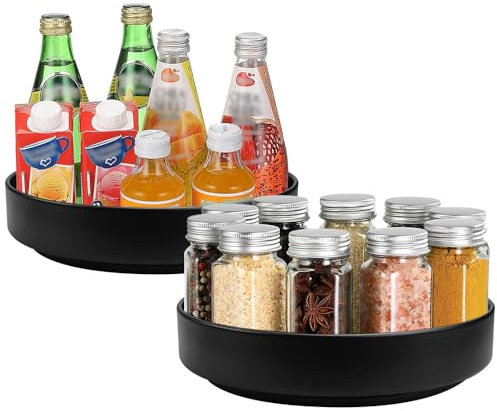 NAROSEBE 2 Pezzi Piatto Girevole, 30 cm/26 cm, Organizer in Acciaio, 360° Portaspezie, Vassoio per Spezie, per Frigorifero Cucina Soggiorno Cassettiera Credenza, Nero