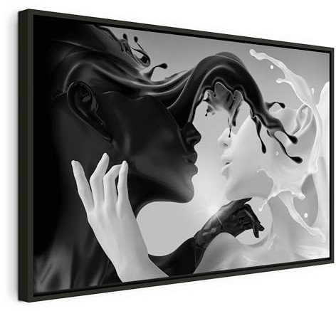 B&D XXL Bilder mit Rahmen 90x60 cm Wandbilder groß Leinwandbild XXL schwarzer Holzrahmen modern Wanddekoration Kunstdruck Wanddeko Wohnzimmer Schlafzimmer Abstrakt Paar schwarz weiß
