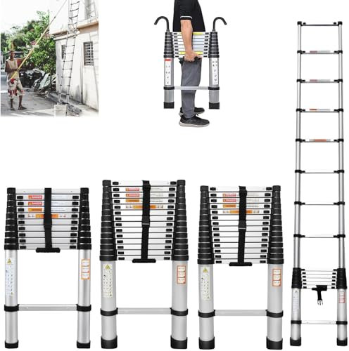 Telescopic Folding Ladder 12.5FT Extension Ladder Multi-Purpose Foldable Step Loft Ladder Anti-Slip Extendable Aluminum Ladder Lightweight Collapsible Ladder for Outdoor Indoor Work, 330lb Capacity