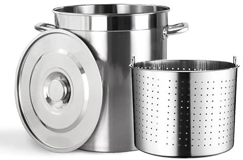 Large Cooking Stock Pot with Strainer Basket - 27QT/45QT/63QT Commercial Stainless Steel Stockpot Pasta Pot Turkey Frying Barrel for Steaming Tamales Seafood Crawfish Boiler,50L/45Qt