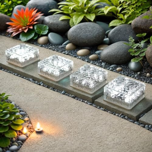 ANTEROOF Aktualisierte Solarleuchten 4er Set Solar Glas Pflastersteine mit 6 LED Außenleuchte Solarsteine für Außen Garten Wasserfest,Wasserdicht Wegbeleuchtung Solar,10X10X5cm,Weiß