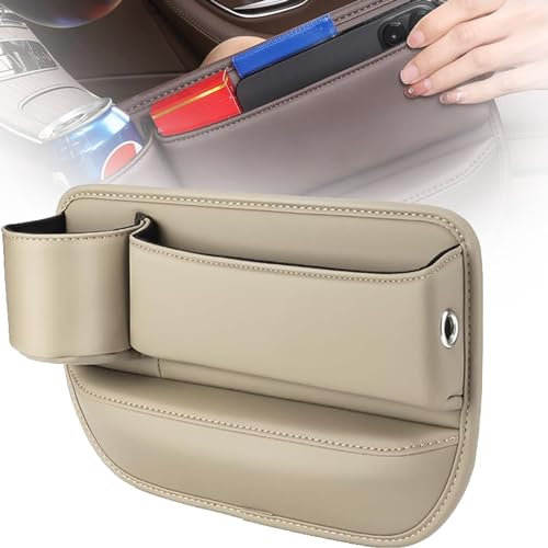 Jessena Car Leather Cup Holder Gap Bag,Pamise Car Leather Cup Holder,Adjustable Car Seat Storage Box,Leather Car Seat Storage Box,Leather Gap Filler With Cup Holder (BEI,Passenger Seat)