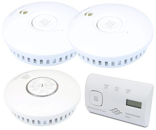 Red Arrow Battery Powered Smoke Alarm Detector Kits with Heat Detectors and Carbon Monoxide Detector: 10 Year Integrated Battery - Interconnectable, Radio Frequency (2 Smoke / 1 Heat / 1 CO)