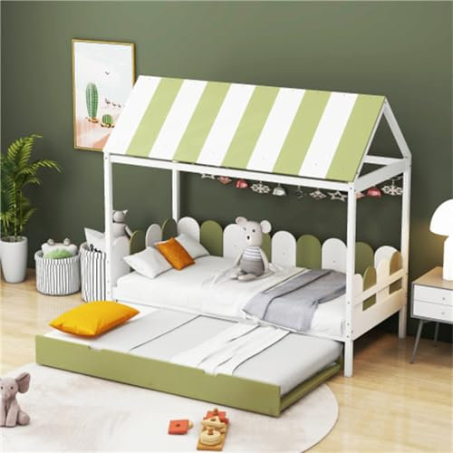Kinderbett Mit Rollbett 90x190 cm, Hausbett Mit Dach Und Rückenlehne, Massivholz, Grün – Ideal Für Jungen Und Mädchen, Multifunktional Und Platzsparend(Color:green)