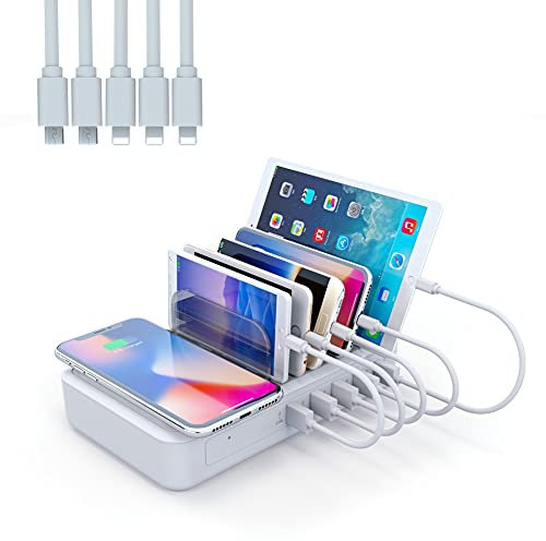 Station de Charge 5 Ports avec Chargeur sans Fil inductif Support de Charge Chargeur USB Station Recharge pour Smartphone Tablette, 5 Câbles Mini Inclus