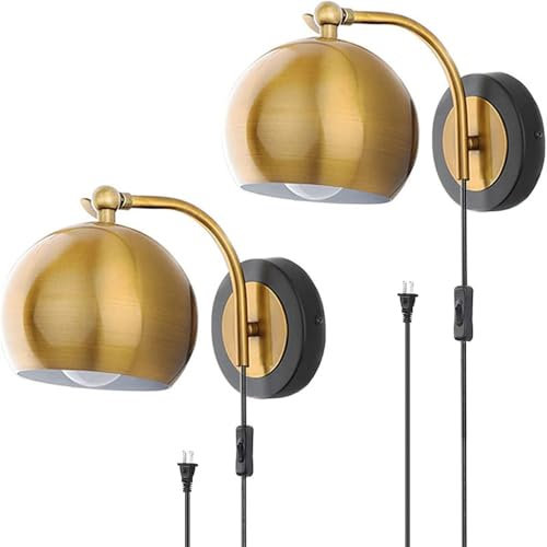 Gold Wandlampe mit Schalter Stecker Wandleuchte Innen Nachttischlampe Wand Schlafzimmer Lampe Steckdose Wandstrahler Bilderleuchte E27 Leselampe für Badezimmer Wohnzimmer Kinderzimmer Bad Bettlampe