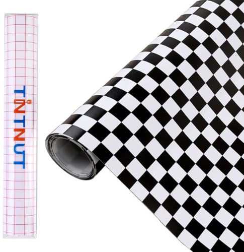 Tintnut Black White Checkered Permanent Vinyl Roll 12 x5ft Self Adhesive | Checkerboard pattern,easy to cut, weed & transfer,stretchy & washable,for glass metal mugs ceramic DIY crafts