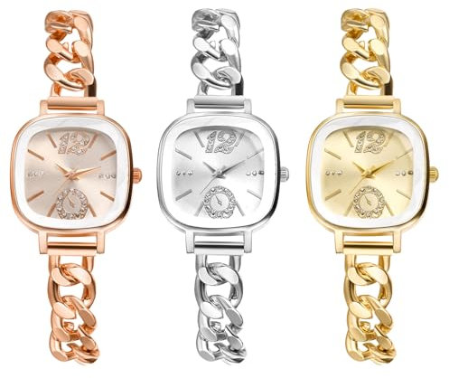 JewelryWe Damenuhr Kleine Quadratische Uhr: 3er Set Glitzer Zirkonia Analog Quarz Armbanduhr Damen Kubanisches Armband Uhr mit Schmalem Panzerkette Metallarmband & Eckigem Zifferblatt