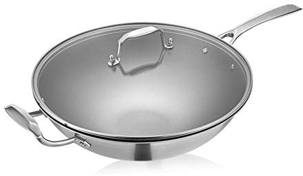 WOTZOV Padella in Titanio Non Rivestita, Padella a Fondo Piatto, Piano Cottura a induzione, Padella Antiaderente, 32 cm,