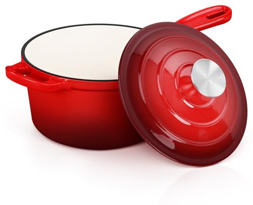 E-far Sartén de hierro fundido esmaltado, cacerola de horno holandés de 2 cuartos con tapa, olla pequeña para cocinar, hervir, saludable y no tóxica, apta para inducción y horno, color rojo
