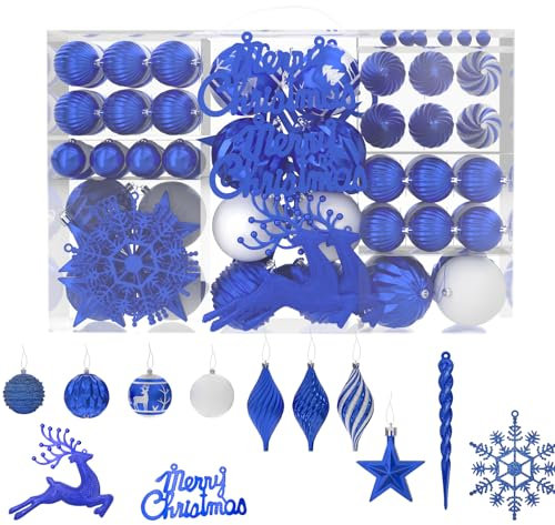 FIVMEN Weihnachtskugeln Saphir 108er Set Christbaumschmuck Weihnachtsdeko Plastik inkl. Christbaumkugeln, Stern, REH Schneeflocke Weihnachtsdekoration Weihnachtsschmuck