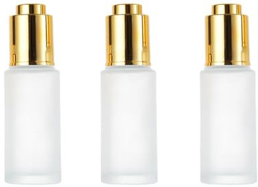 VASANA 3PCS 30 ML/1 OZ Empty Frosted Glass Dropper Bottle Refillable Essential Oil Aromatherapy Container with Pressure Pump Tip Glass Eye Dropper Cosmetic Bottle Travel Pressing Dropper Bottle(gold)
