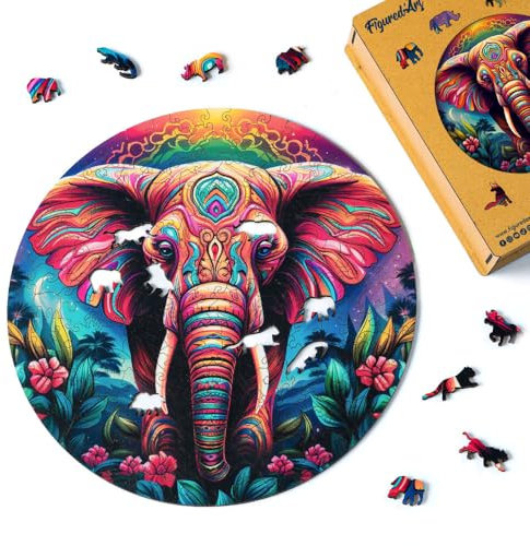 Figured'Art Holzpuzzle Erwachsene und Kinder 200 Teile Tiere - Stammeselefant - Originelles Design 28,5x28,5 cm Einzigartige Form mit Premium-Holzkiste