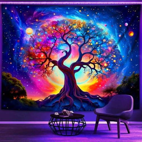 WIERAEM Schwarzlicht Wandteppich Wald Uv Psychedelic Wandtuch Natur Baum Des Lebens Sterne Galaxy Trippy WandtüCher SchöNe Bunt Fluoreszierende Tapestry Deko Groß 230x180cm