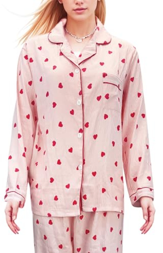 Gohytal Pyjama Long pour Femme, Ensemble de Pyjama avec Motif de cœurs | Polyester doux | Pyjama deux pièces | Motif de cœurs | Pour la maison et les voyages, idéal comme cadeau
