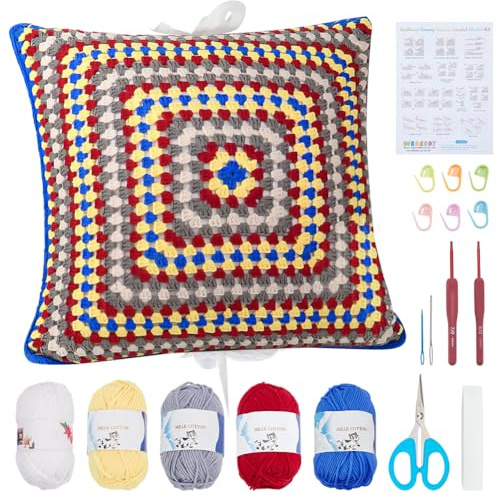 WEBEEDY Häkel Kissenbezug Set Für Anfänger Oma Quadrate Häkelkissen Set Mit Schritt Für Schritt Videoanleitungen Vollständiges Häkelstarter Set Für Erwachsene