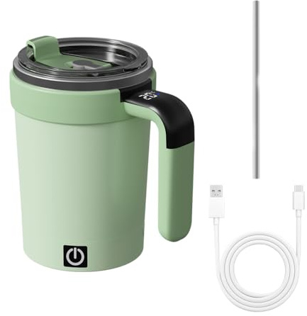MiOYOOW Selbstrührender Kaffeebecher, Magnetischer Automatische Mischen Kaffeetasse mit Deckel und Strohhalm, Temperaturanzeige, 380ml Reise Kaffeebecher für Zuhause, Auf Reisen und Im Büro