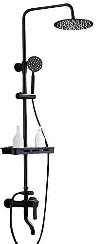 Duscharmatur Komplettset, Duschsystem Regendusche mit Handbrause und Standregale, Retro Handbrause Duschset, Edelstahl Duschstangen Höhenverstellbar 78-115cm, Schwarz