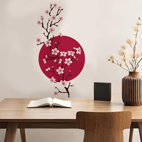 Japanische Kirschblüte Wandtattoo, rote Sonne mit rosa Blumen, 56,1 x 27,3 cm, dekorative Wandkunst